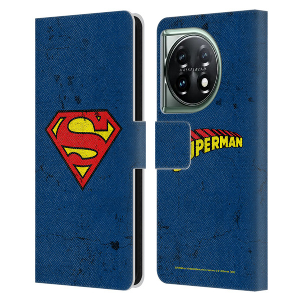 Superman DC Comics Logos Distressed Leather Book Wallet Case Cover For OnePlus 11 5G