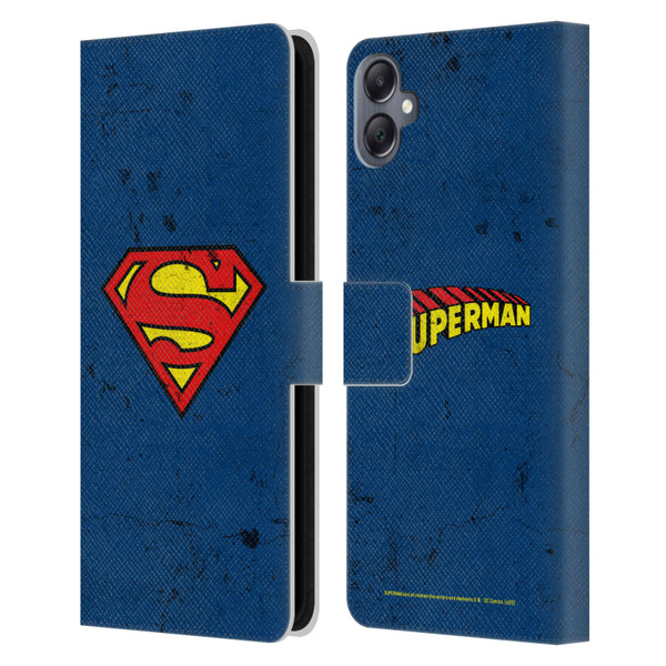 Superman DC Comics Logos Distressed Leather Book Wallet Case Cover For Samsung Galaxy A05