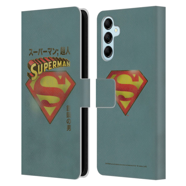 Superman DC Comics Vintage Fashion Japanese Logo Leather Book Wallet Case Cover For Samsung Galaxy M14 5G
