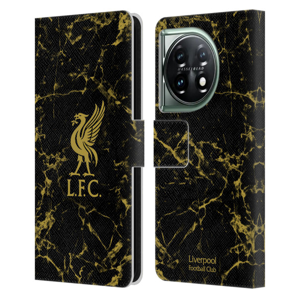 Liverpool Football Club Crest & Liverbird Patterns 1 Black & Gold Marble Leather Book Wallet Case Cover For OnePlus 11 5G