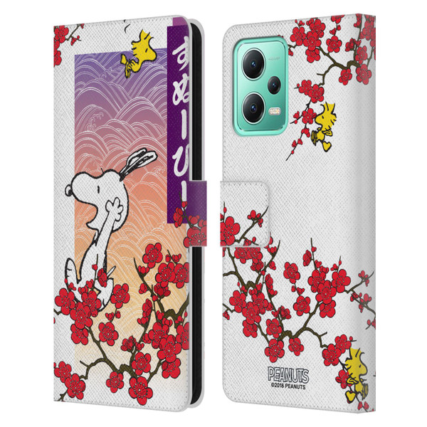 Peanuts Oriental Snoopy Cherry Blossoms 2 Leather Book Wallet Case Cover For Xiaomi Redmi Note 12 5G
