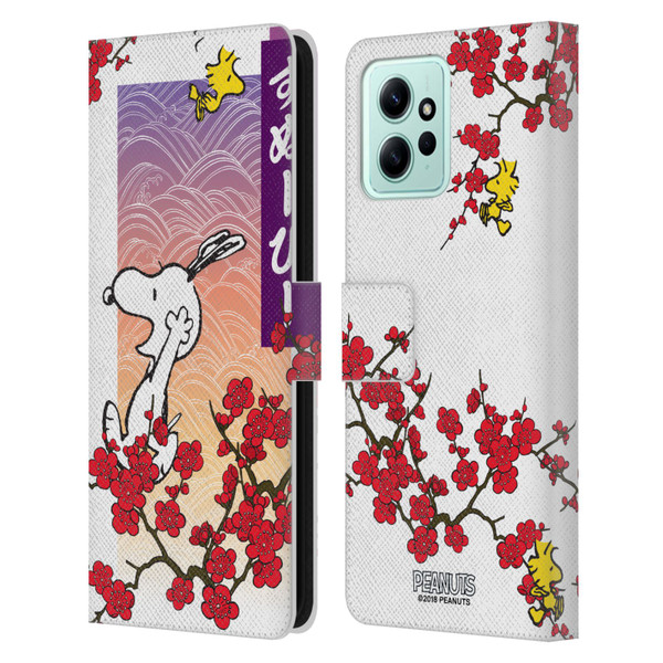 Peanuts Oriental Snoopy Cherry Blossoms 2 Leather Book Wallet Case Cover For Xiaomi Redmi 12