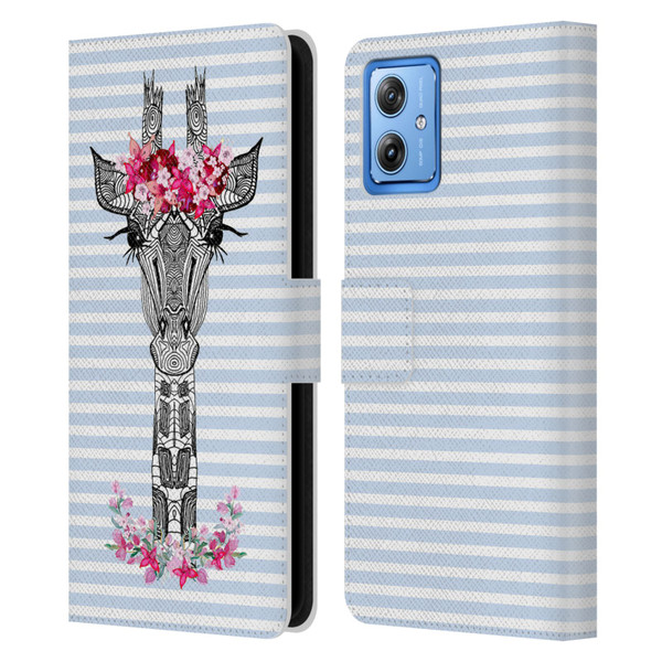 Monika Strigel Flower Giraffe And Stripes Blue Leather Book Wallet Case Cover For Motorola Moto G54 5G
