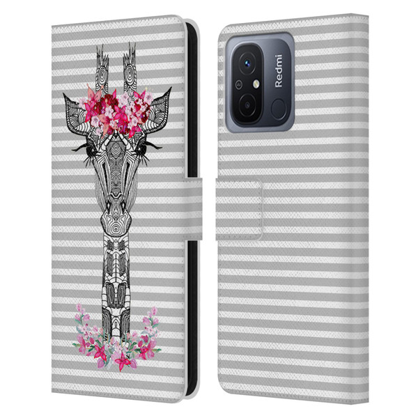 Monika Strigel Flower Giraffe And Stripes Grey Leather Book Wallet Case Cover For Xiaomi Redmi 12C