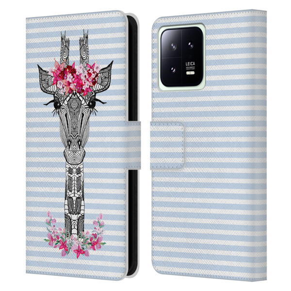 Monika Strigel Flower Giraffe And Stripes Blue Leather Book Wallet Case Cover For Xiaomi 13 5G