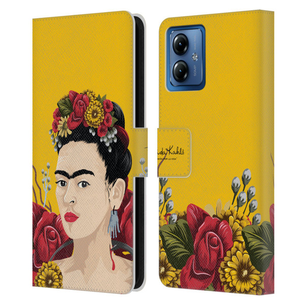 Frida Kahlo Red Florals Portrait Leather Book Wallet Case Cover For Motorola Moto G14