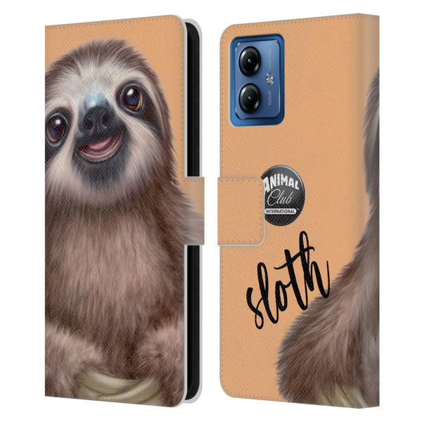 Animal Club International Faces Sloth Leather Book Wallet Case Cover For Motorola Moto G14