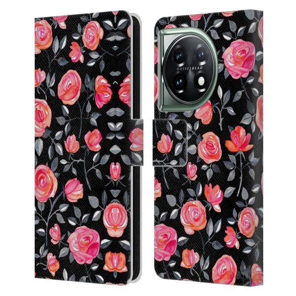 Micklyn Le Feuvre Florals Roses on Black Leather Book Wallet Case Cover For OnePlus 11 5G