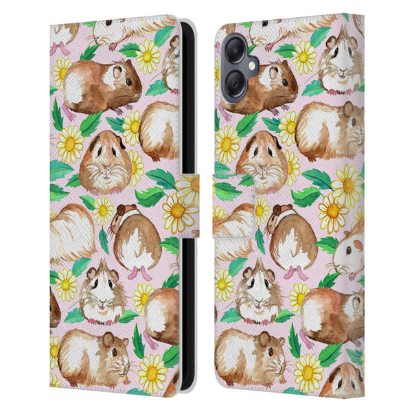 Micklyn Le Feuvre Patterns 2 Guinea Pigs And Daisies In Watercolour On Pink Leather Book Wallet Case Cover For Samsung Galaxy A05