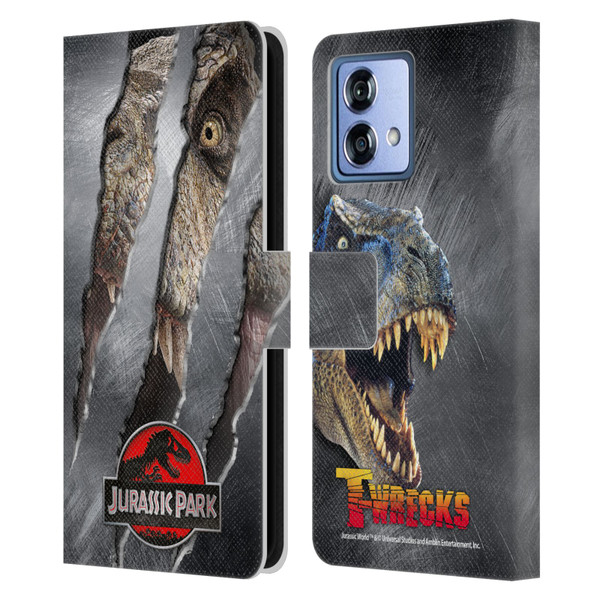 Jurassic Park Logo T-Rex Claw Mark Leather Book Wallet Case Cover For Motorola Moto G84 5G