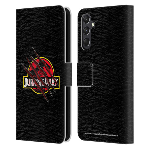 Jurassic Park Logo Plain Black Claw Leather Book Wallet Case Cover For Samsung Galaxy A24 4G / M34 5G