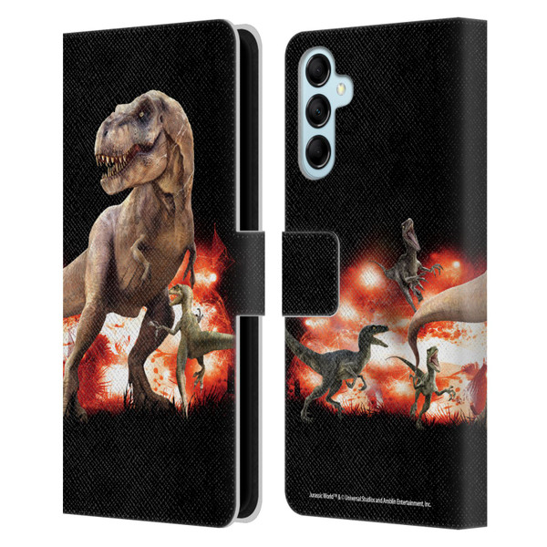 Jurassic World Key Art T-Rex VS. Velociraptors Leather Book Wallet Case Cover For Samsung Galaxy M14 5G