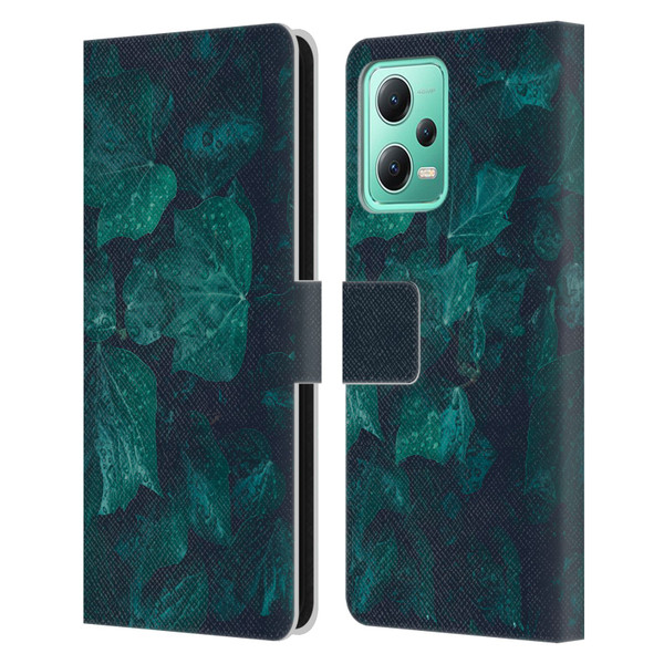 PLdesign Flowers And Leaves Dark Emerald Green Ivy Leather Book Wallet Case Cover For Xiaomi Redmi Note 12 5G