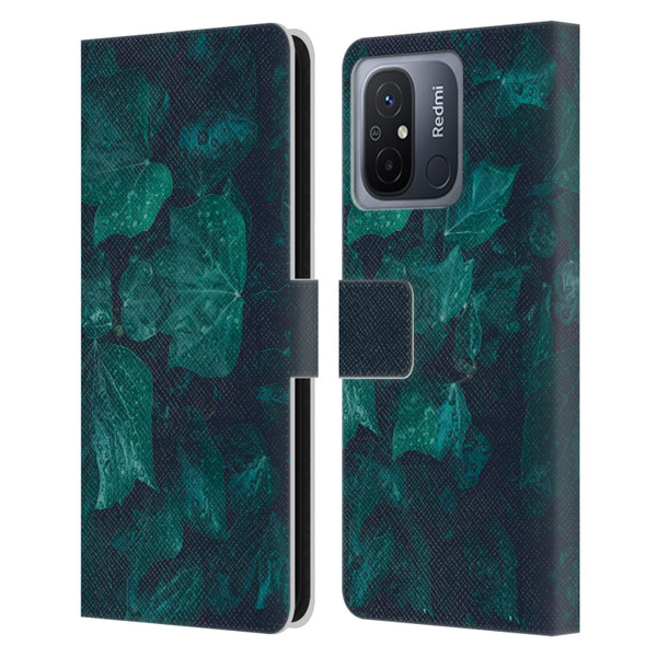PLdesign Flowers And Leaves Dark Emerald Green Ivy Leather Book Wallet Case Cover For Xiaomi Redmi 12C
