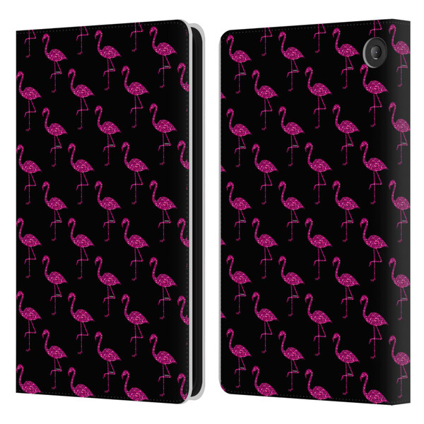 PLdesign Sparkly Flamingo Pink Pattern On Black Leather Book Wallet Case Cover For Amazon Fire 7 2022