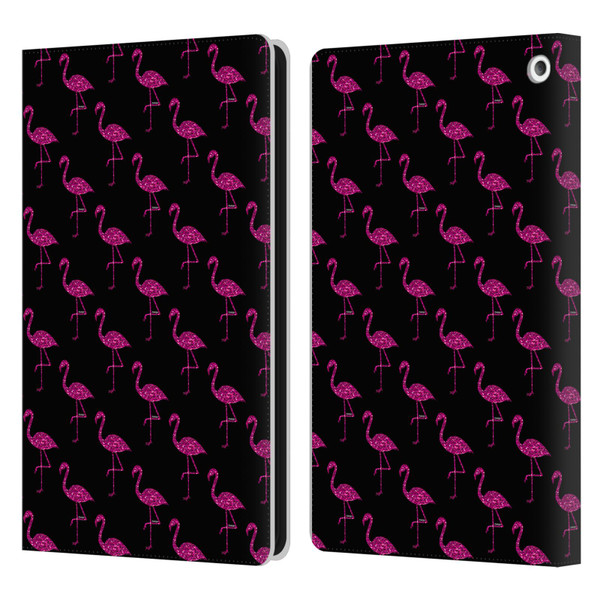 PLdesign Sparkly Flamingo Pink Pattern On Black Leather Book Wallet Case Cover For Amazon Fire HD 8/Fire HD 8 Plus 2020