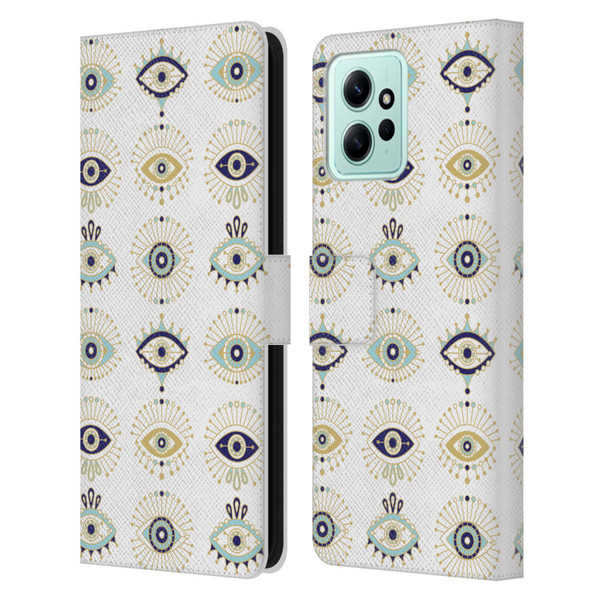 Cat Coquillette Linear White Evil Eyes Pattern Leather Book Wallet Case Cover For Xiaomi Redmi 12