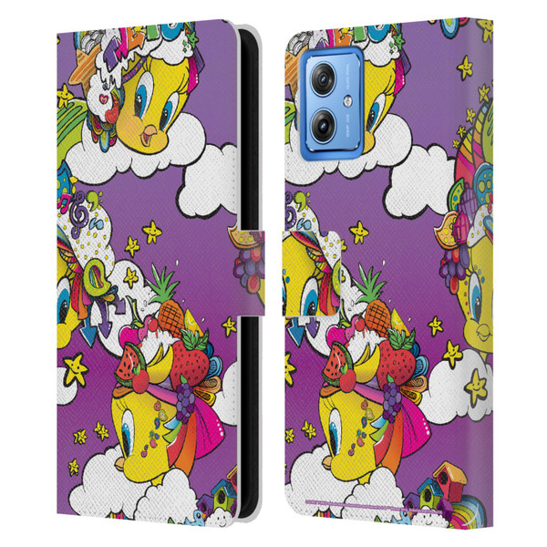 Looney Tunes Patterns Tweety Purple Leather Book Wallet Case Cover For Motorola Moto G54 5G