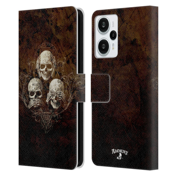 Alchemy Gothic Skull No Evil Three Skull Leather Book Wallet Case Cover For Xiaomi Redmi Note 12T