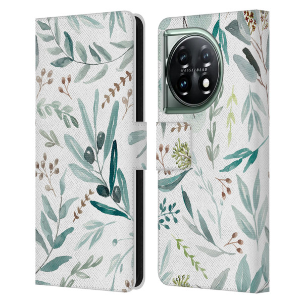Anis Illustration Bloomers Eucalyptus Leather Book Wallet Case Cover For OnePlus 11 5G