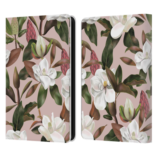 Anis Illustration Magnolias Pattern Light Pink Leather Book Wallet Case Cover For Amazon Kindle 11th Gen 6in 2022