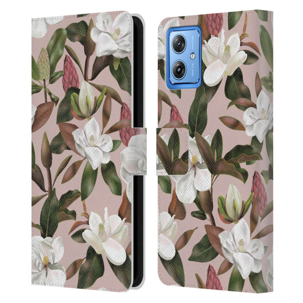 Anis Illustration Magnolias Pattern Light Pink Leather Book Wallet Case Cover For Motorola Moto G54 5G