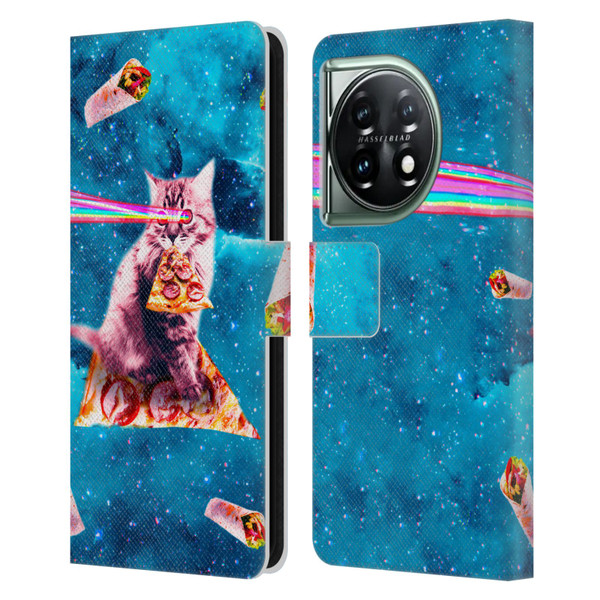 Random Galaxy Space Cat Lazer Eye & Pizza Leather Book Wallet Case Cover For OnePlus 11 5G