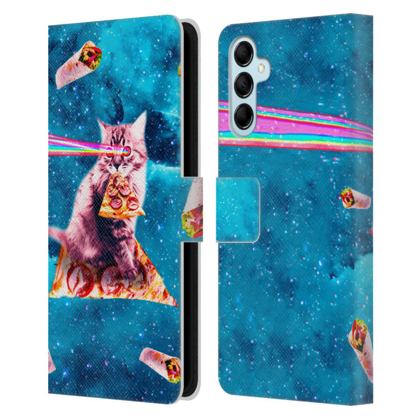 Random Galaxy Space Cat Lazer Eye & Pizza Leather Book Wallet Case Cover For Samsung Galaxy M14 5G