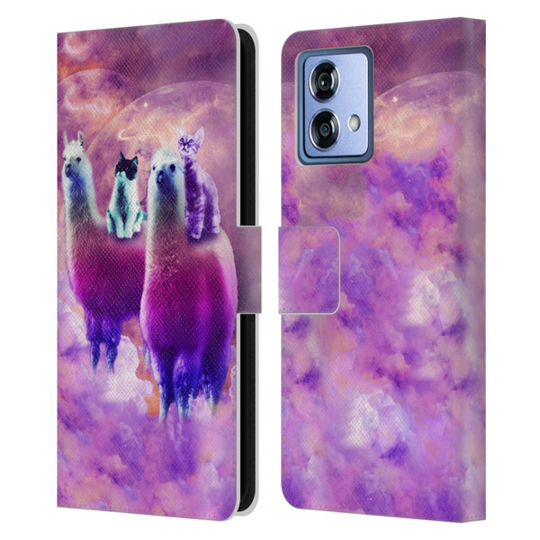 Random Galaxy Space Llama Kitty & Cat Leather Book Wallet Case Cover For Motorola Moto G84 5G