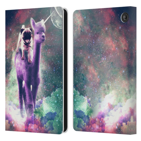 Random Galaxy Space Unicorn Ride Pug Riding Llama Leather Book Wallet Case Cover For Amazon Fire 7 2022