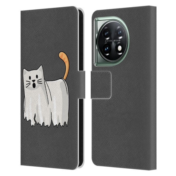 Beth Wilson Doodle Cats 2 Halloween Ghost Leather Book Wallet Case Cover For OnePlus 11 5G