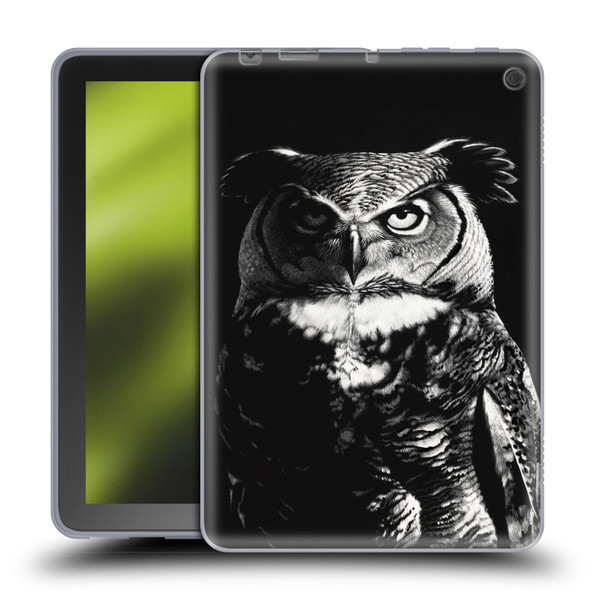 Stanley Morrison Black And White Great Horned Owl Soft Gel Case for Amazon Fire HD 8/Fire HD 8 Plus 2020