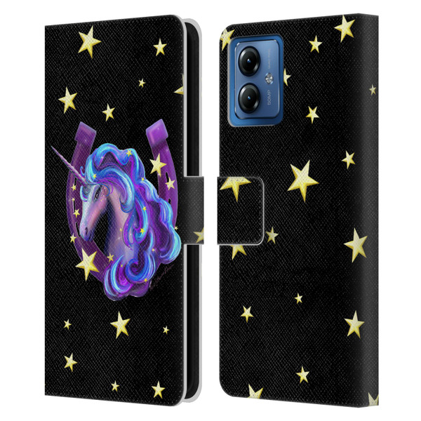 Rose Khan Unicorn Horseshoe Stars Leather Book Wallet Case Cover For Motorola Moto G14