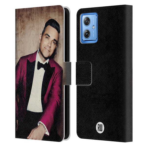 Robbie Williams Calendar Magenta Tux Leather Book Wallet Case Cover For Motorola Moto G54 5G