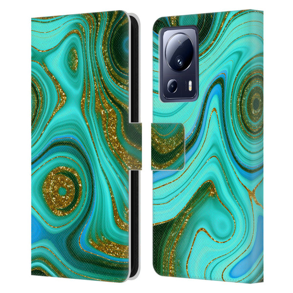 UtArt Malachite Emerald Liquid Gem Leather Book Wallet Case Cover For Xiaomi 13 Lite 5G