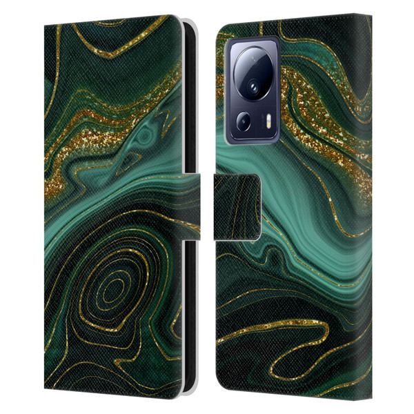 UtArt Malachite Emerald Gilded Teal Leather Book Wallet Case Cover For Xiaomi 13 Lite 5G