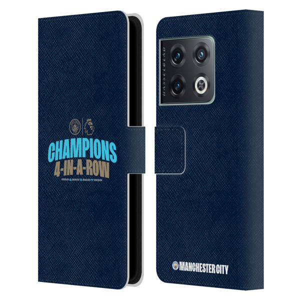 Manchester City Man City FC 2024 Premier League Champions 4 In A Row Dark Leather Book Wallet Case Cover For OnePlus 10 Pro