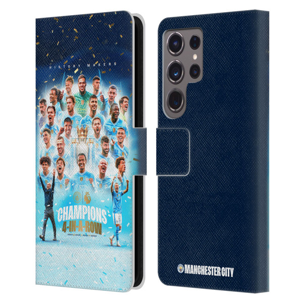 Manchester City Man City FC 2024 Premier League Champions Team Poster Leather Book Wallet Case Cover For Samsung Galaxy S24 Ultra 5G