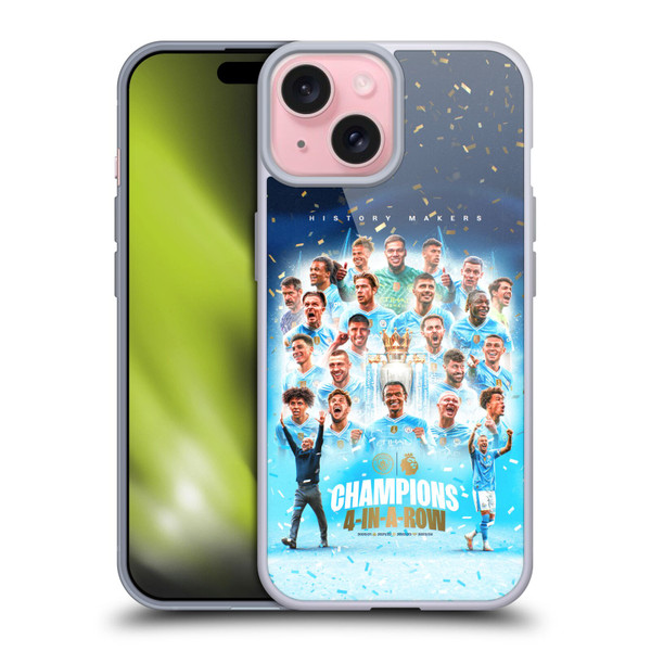 Manchester City Man City FC 2024 Premier League Champions Team Poster Soft Gel Case for Apple iPhone 15