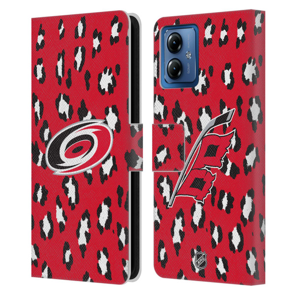 NHL Carolina Hurricanes Leopard Patten Leather Book Wallet Case Cover For Motorola Moto G14