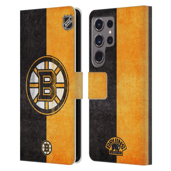 NHL Boston Bruins Half Distressed Leather Book Wallet Case Cover For Samsung Galaxy S24 Ultra 5G