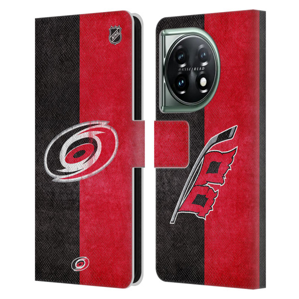 NHL Carolina Hurricanes Half Distressed Leather Book Wallet Case Cover For OnePlus 11 5G