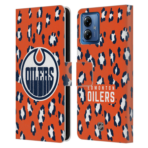 NHL Edmonton Oilers Leopard Patten Leather Book Wallet Case Cover For Motorola Moto G14