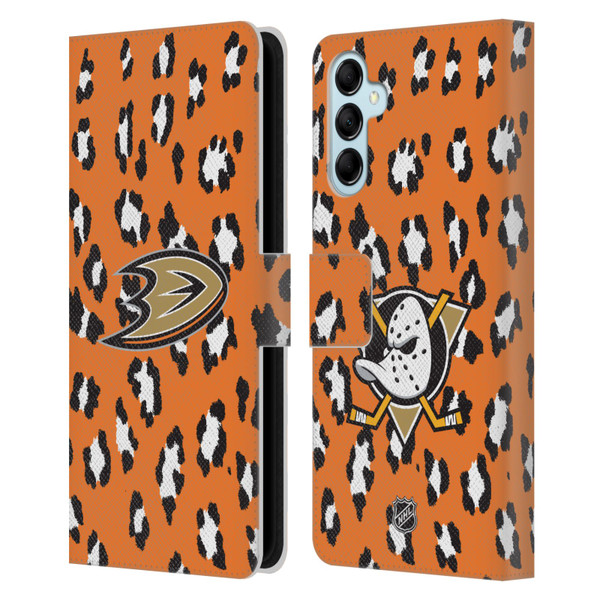 NHL Anaheim Ducks Leopard Patten Leather Book Wallet Case Cover For Samsung Galaxy M14 5G