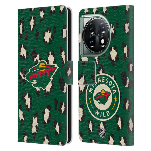 NHL Minnesota Wild Leopard Patten Leather Book Wallet Case Cover For OnePlus 11 5G