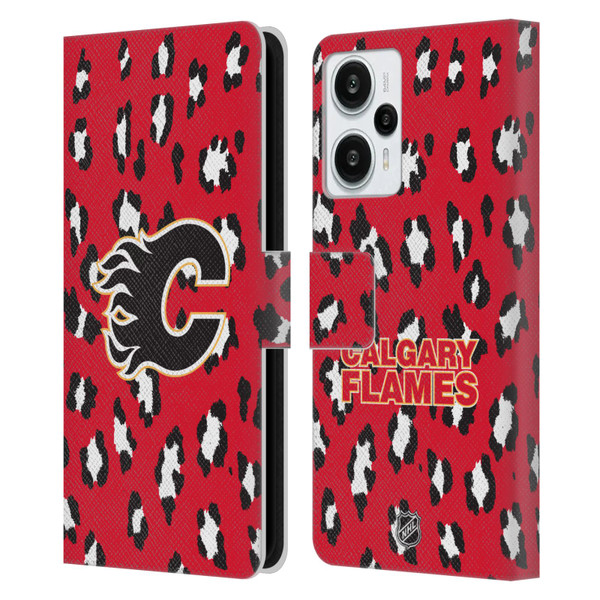 NHL Calgary Flames Leopard Patten Leather Book Wallet Case Cover For Xiaomi Redmi Note 12T