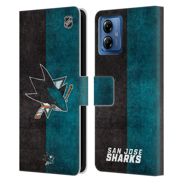 NHL San Jose Sharks Half Distressed Leather Book Wallet Case Cover For Motorola Moto G14