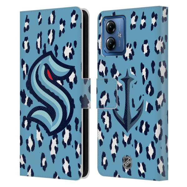 NHL Seattle Kraken Leopard Patten Leather Book Wallet Case Cover For Motorola Moto G14