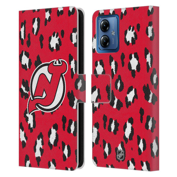 NHL New Jersey Devils Leopard Patten Leather Book Wallet Case Cover For Motorola Moto G14