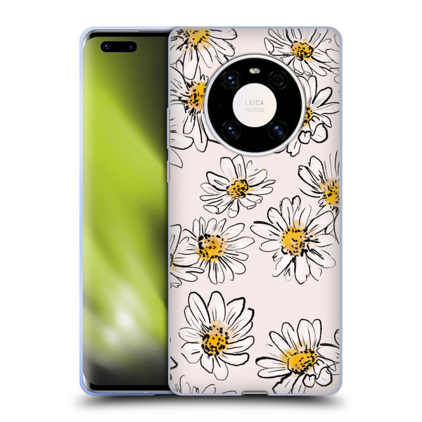 Anis Illustration Floral And Leaves Daisies Pink Pastel Soft Gel Case for Huawei Mate 40 Pro 5G